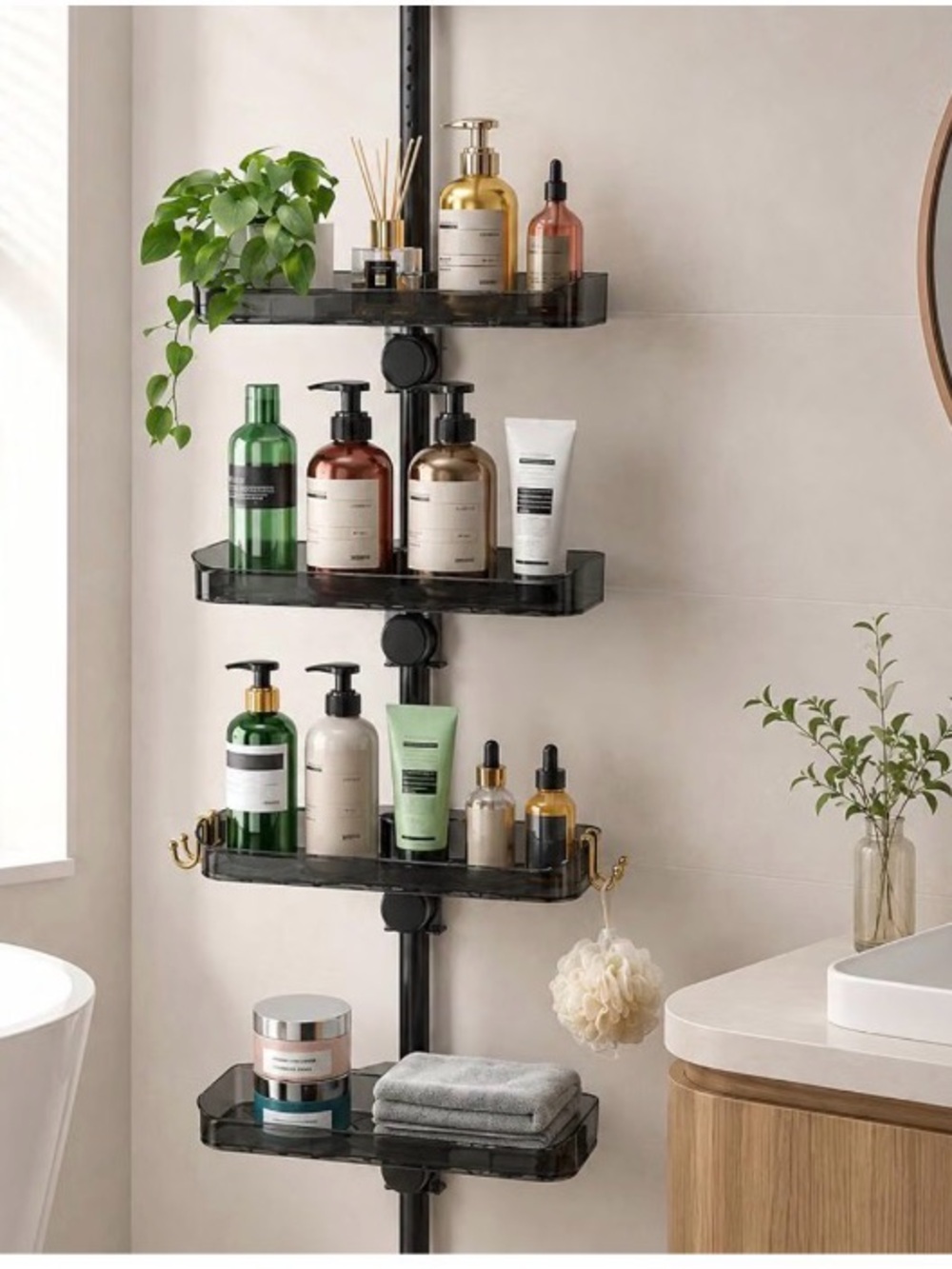 35”-126” 4-Tier Shower Caddy Tension Pole, Bathroom Corner Shower Organizer